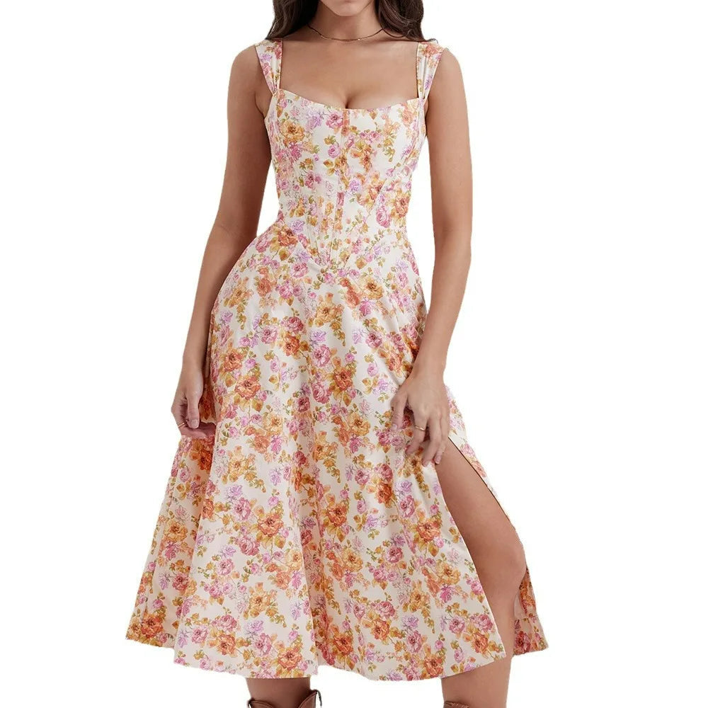 Adele Floral Print Corset Bodice Full Skirt Strappy Midi Dress - Orange