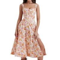 Adele Floral Print Corset Bodice Full Skirt Strappy Midi Dress