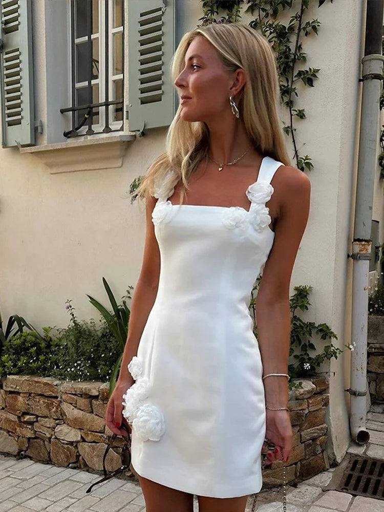 Ghislaine Rosette Trim Square Neck Structured Shift Mini Dress