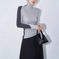 Fenella Contrast Sleeve Panel Fitted Rib Roll Neck Knit Top
