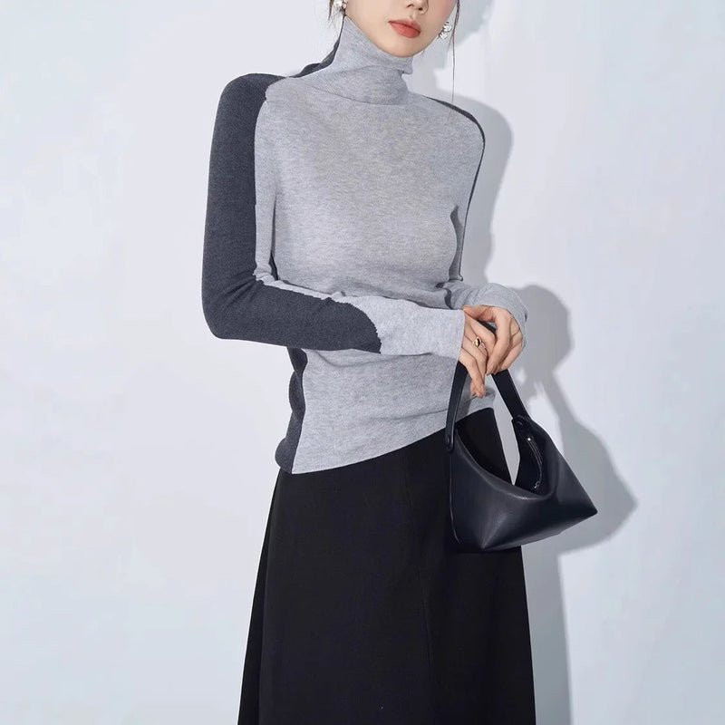 Fenella Contrast Sleeve Panel Fitted Rib Roll Neck Knit Top