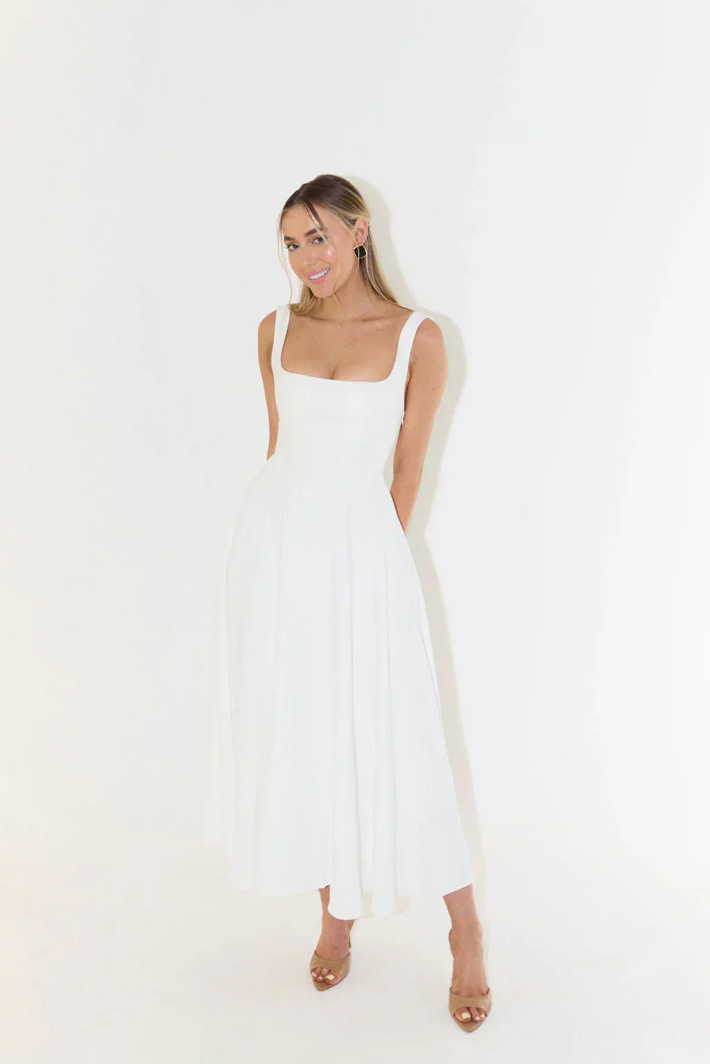 Gwendolen Square Neck Wide Strap Fitted Bodice Flare Midi Dress