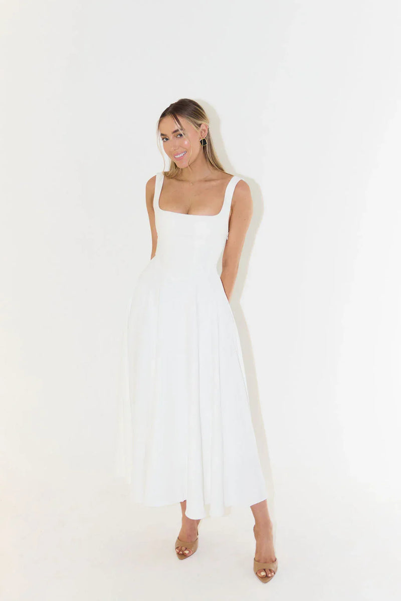 Gwendolen Square Neck Wide Strap Fitted Bodice Flare Midi Dress