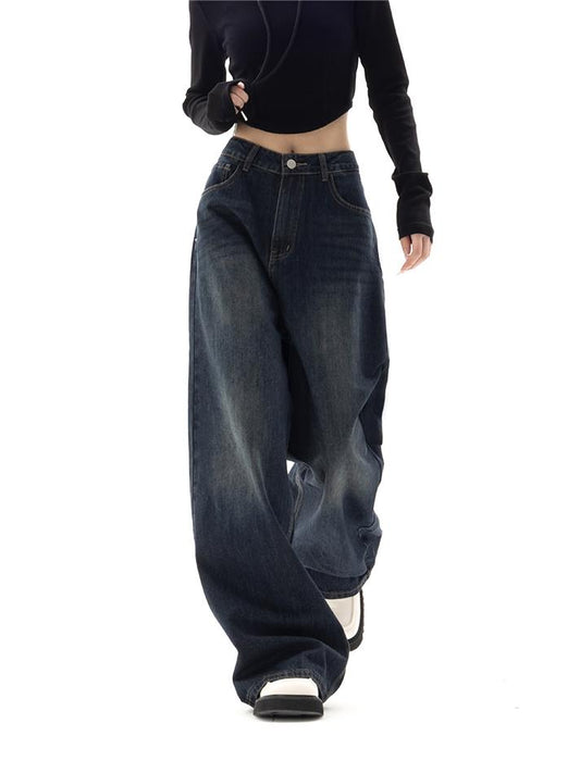 Gisele Dark Wash Baggy Wide Leg Low Rise Denim Jeans - Black