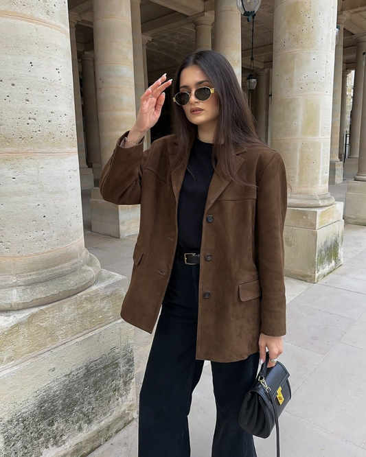 Romy Brushed Nap Single Breasted Relaxed Blazer Jacket - Brown