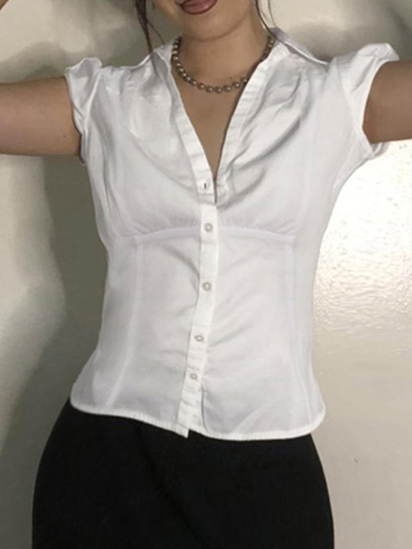 Georgette Puff Shoulder Curved Hem Fitted Short Sleeve Shirt