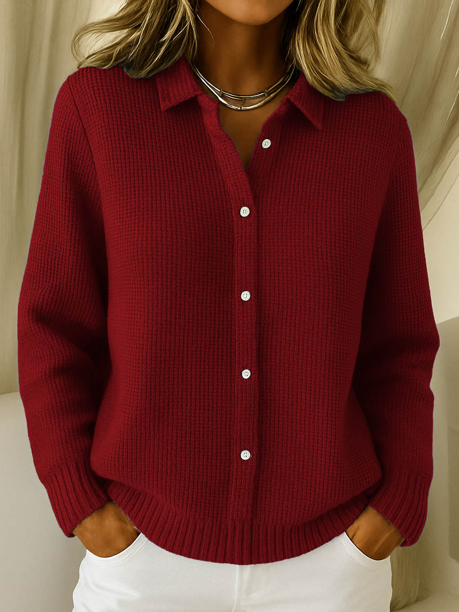Winifred Collared Button Through Relaxed Knit Shirt Cardigan - Red
