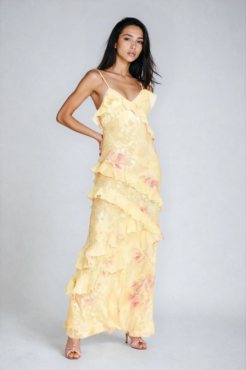 Ondine Tiered Ruffle Floral Print Strappy Maxi Dress