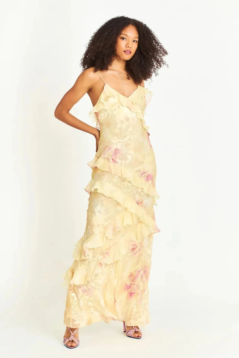 Ondine Tiered Ruffle Floral Print Strappy Maxi Dress