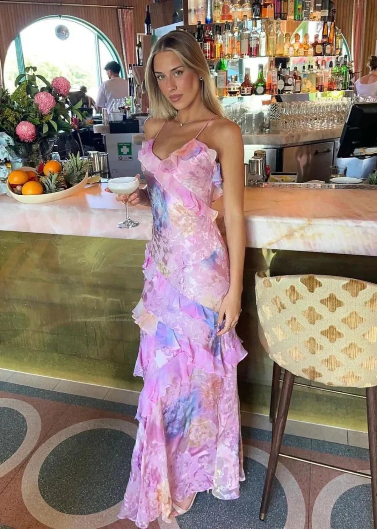 Ondine Tiered Ruffle Floral Print Strappy Maxi Dress - Pink