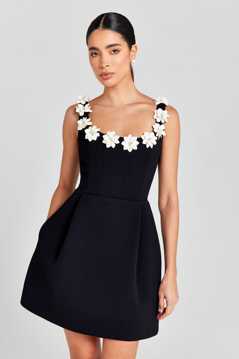 Lisette Floral Applique Strap Fitted Bodice Flare Mini Dress