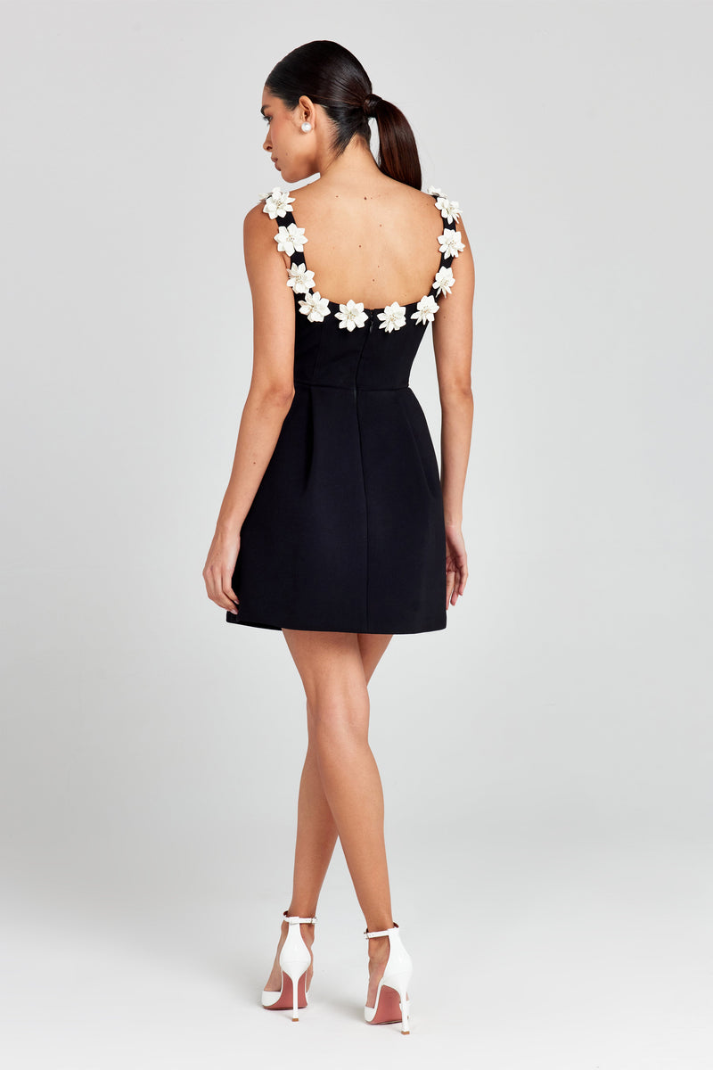 Lisette Floral Applique Strap Fitted Bodice Flare Mini Dress