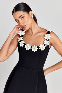 Lisette Floral Applique Strap Fitted Bodice Flare Mini Dress