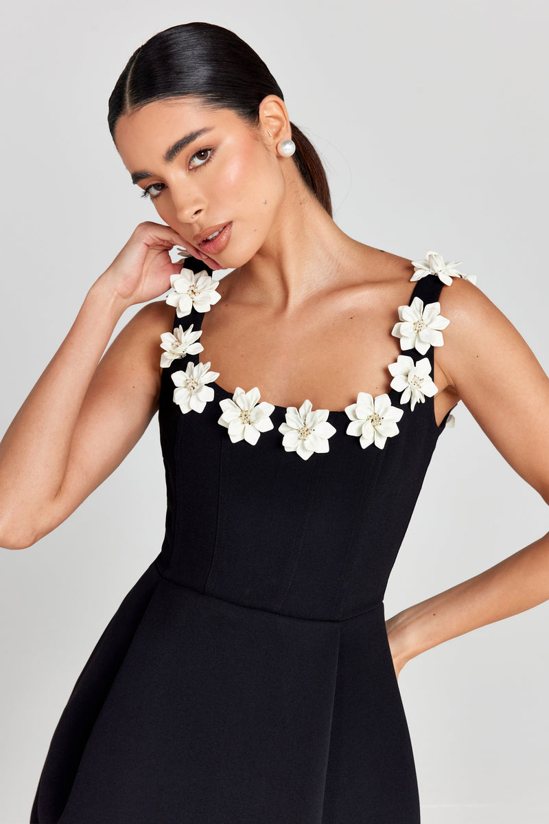 Lisette Floral Applique Strap Fitted Bodice Flare Mini Dress