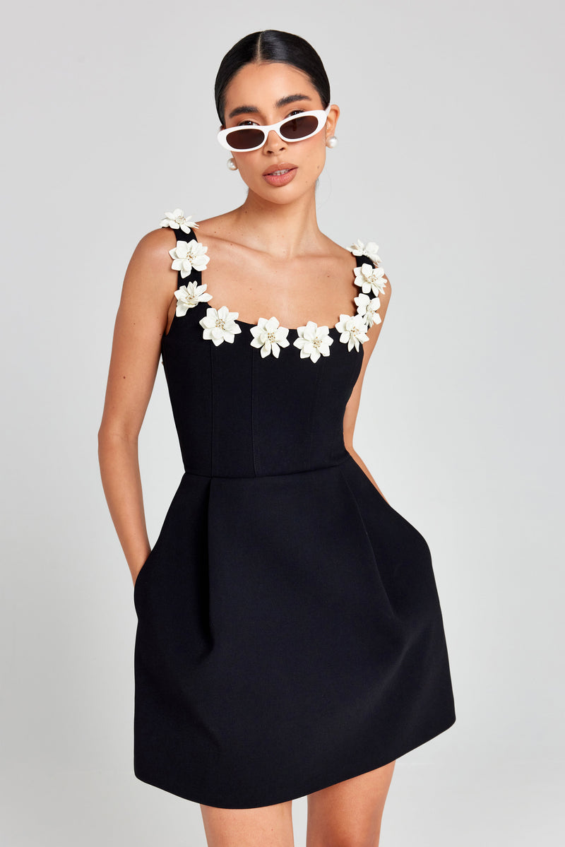 Lisette Floral Applique Strap Fitted Bodice Flare Mini Dress