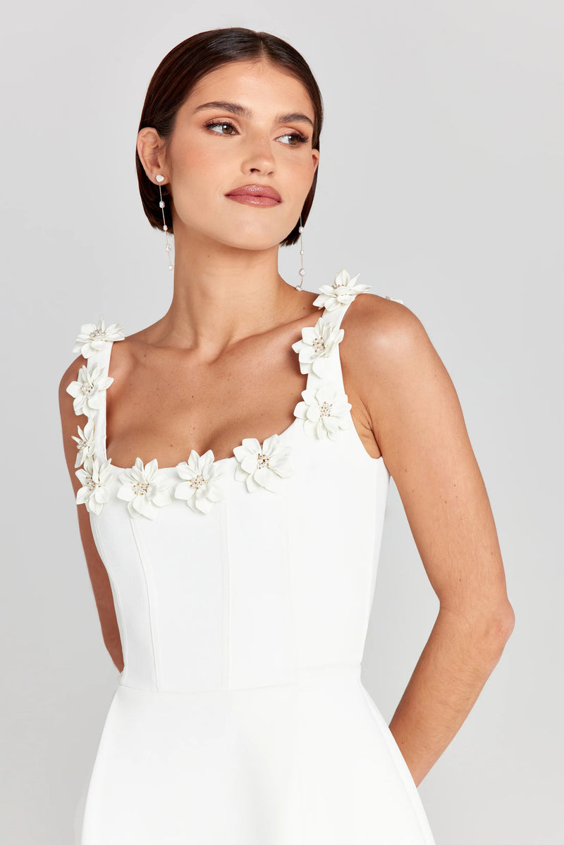 Lisette Floral Applique Strap Fitted Bodice Flare Mini Dress