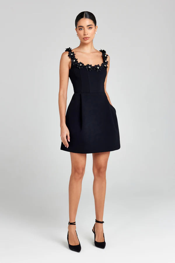 Lisette Floral Applique Strap Fitted Bodice Flare Mini Dress