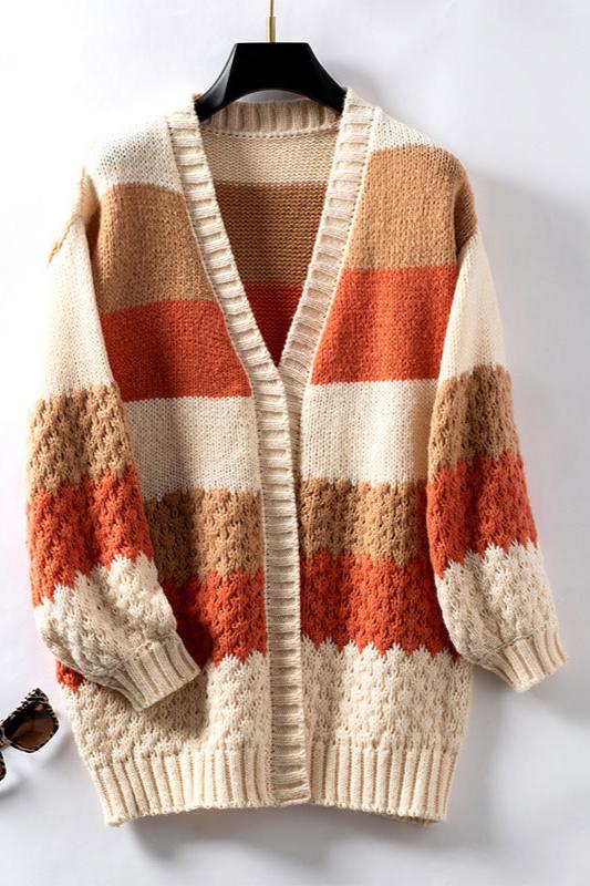 Carys Textured Colour Block Stripe Oversized Open Cardigan - Orange