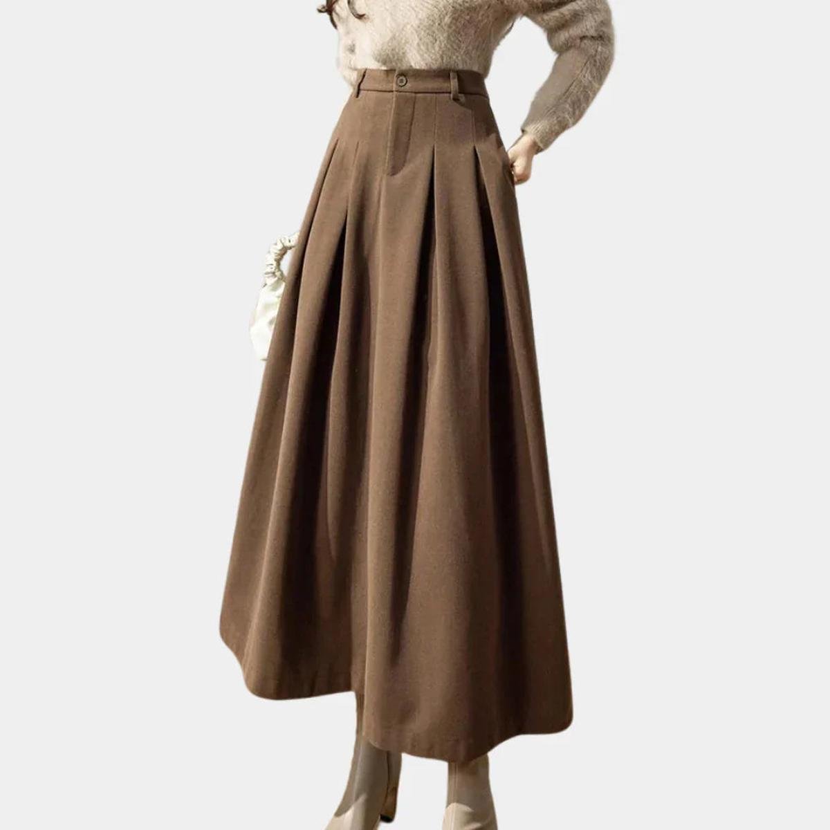 Irene Deep Pleat High Waist Full Sweep Long Maxi Skirt - Coffee