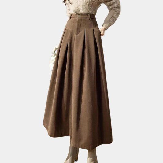 Irene Deep Pleat High Waist Full Sweep Long Maxi Skirt - Coffee