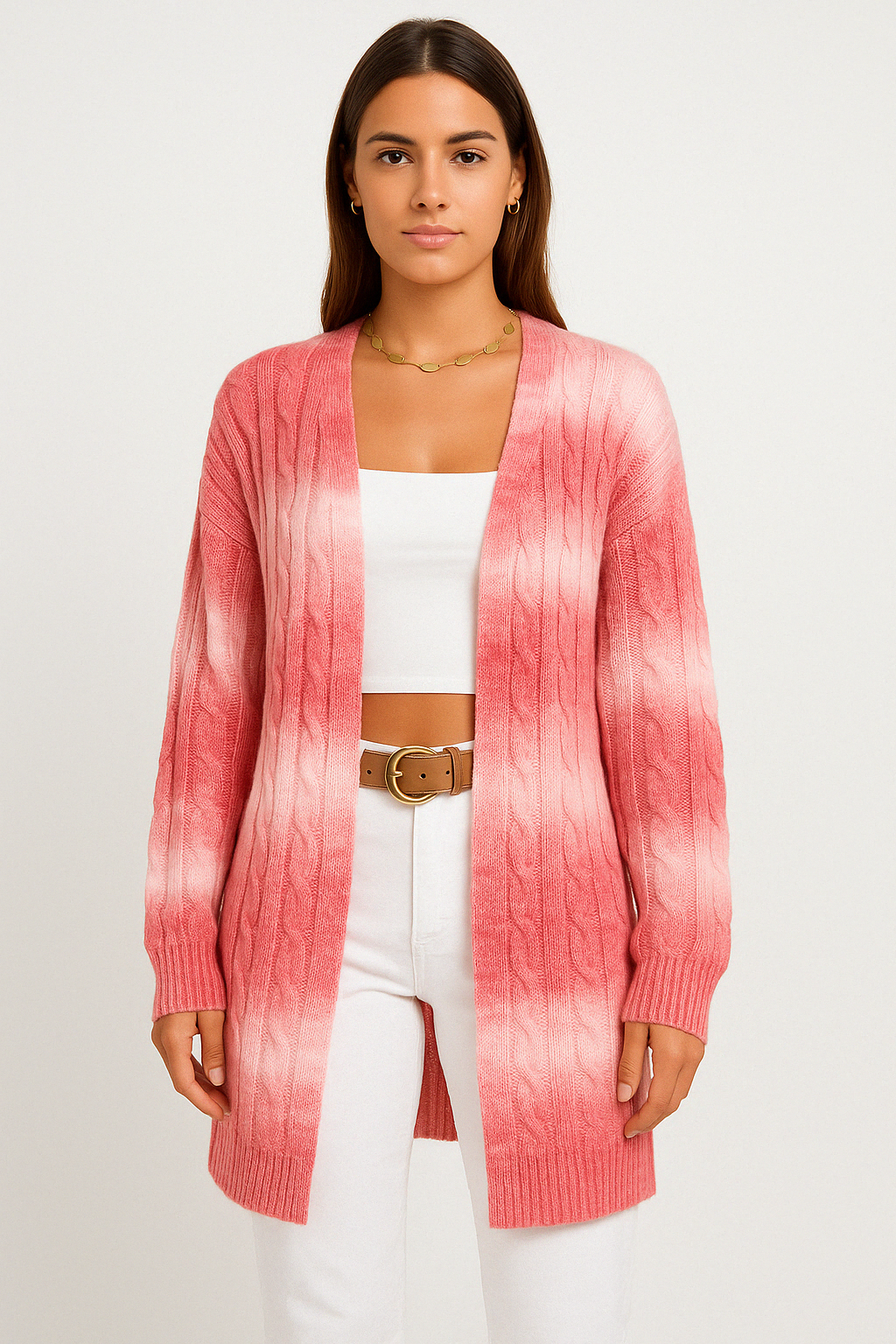Rhea Ombre Cable Knit Open Front Longline Soft Cardigan - Pink