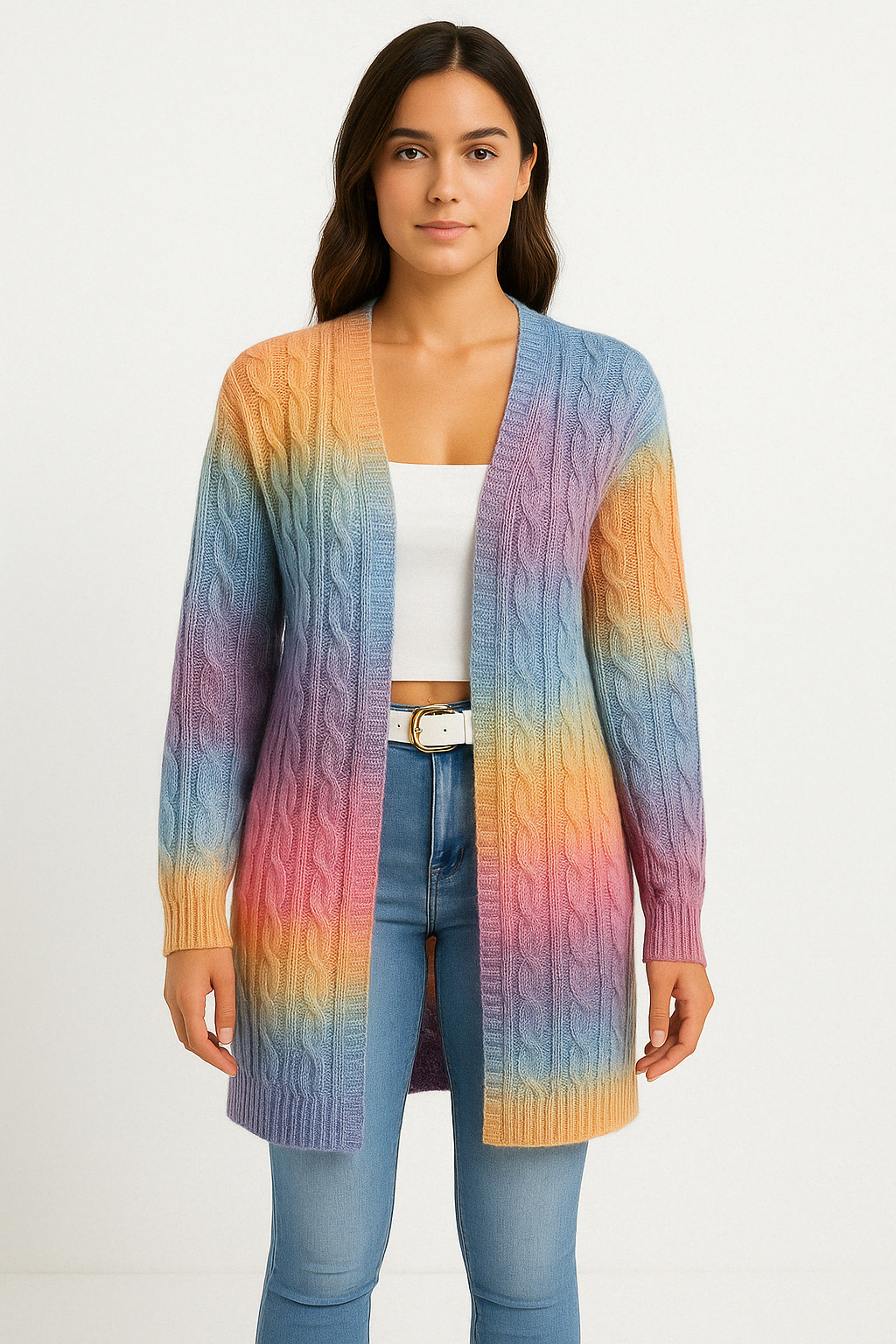 Rhea Ombre Cable Knit Open Front Longline Soft Cardigan - Azure
