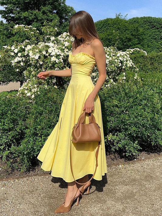 Emberly Feather Trim Bust Strapless Full Skirt Midi Dress - Yellow