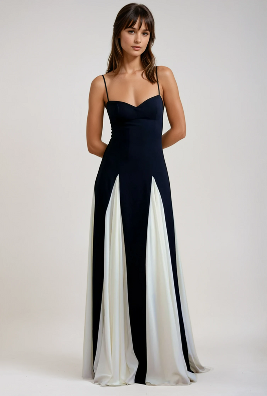Persephone Contrast Godet Panel Sweetheart Strappy Maxi Dress - Black