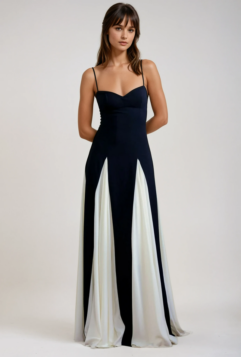 Persephone Contrast Godet Panel Sweetheart Strappy Maxi Dress