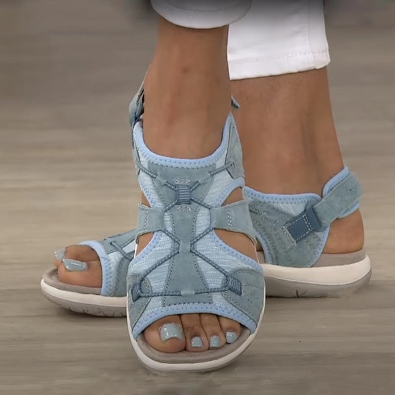 Marceline Woven Strap Cut Out Cushioned Sole Flat Sandals - Azure