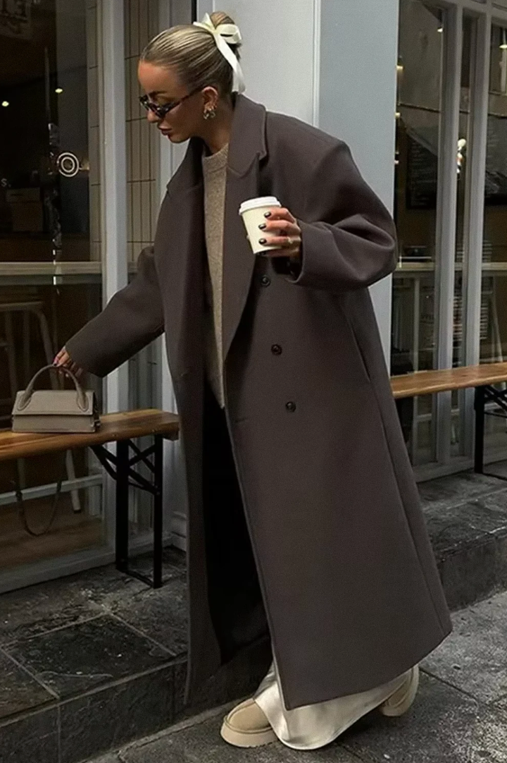 Lila Oversized Double Breasted Floor Length Long Overcoat - Brown