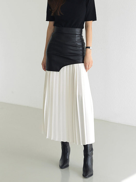 Jacqueline Contrast Yoke Panel Accordion Pleat Midi Skirt - White