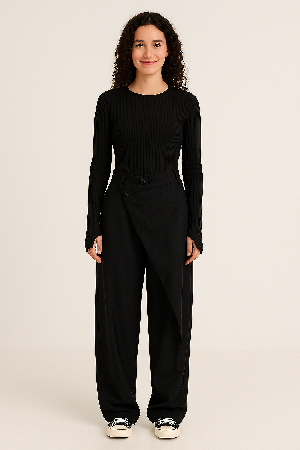Janine Asymmetric Wrap Waistband Wide Leg Tailored Trousers - Black