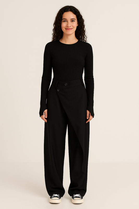 Janine Asymmetric Wrap Waistband Wide Leg Tailored Trousers - Black