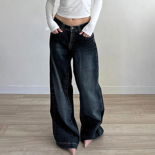 Jocelyne Low Rise Baggy Wide Leg Puddle Hem Denim Jeans - Dark Denim