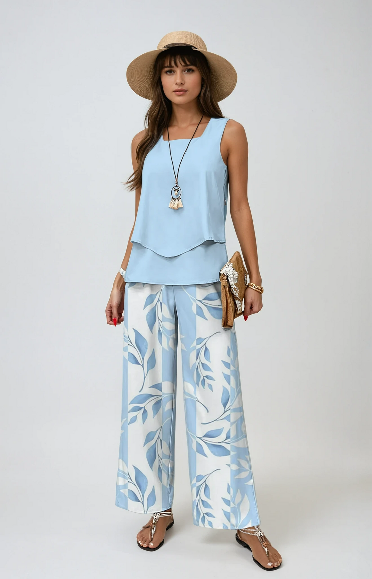 Marina Layered Vest Top and Printed Wide Leg Trouser Set