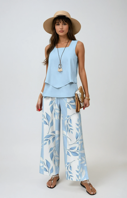 Marina Layered Vest Top and Printed Wide Leg Trouser Set
