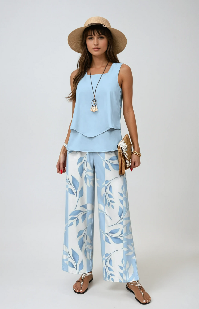 Marina Layered Vest Top and Printed Wide Leg Trouser Set