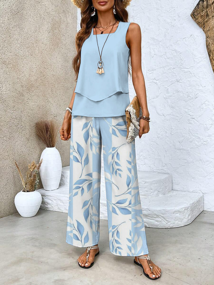 Marina Layered Vest Top and Printed Wide Leg Trouser Set - Light Blue