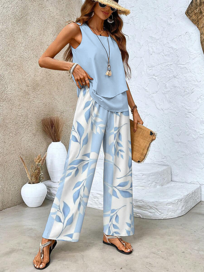 Marina Layered Vest Top and Printed Wide Leg Trouser Set