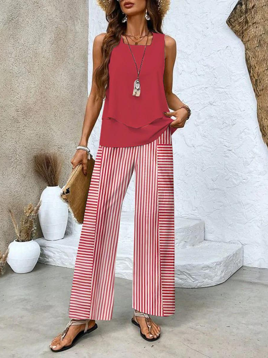 Marina Layered Vest Top and Printed Wide Leg Trouser Set - Red