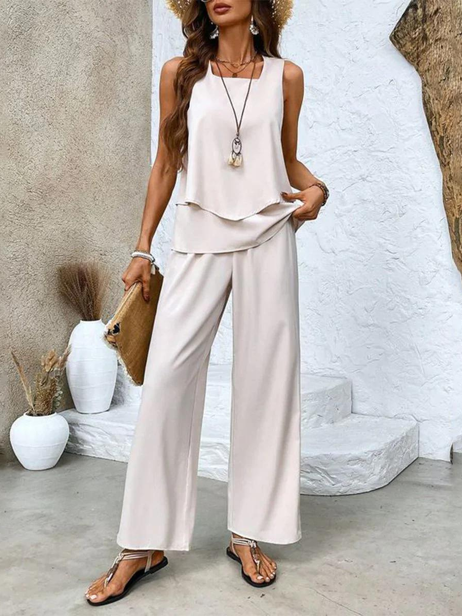 Marina Layered Vest Top and Printed Wide Leg Trouser Set - Beige