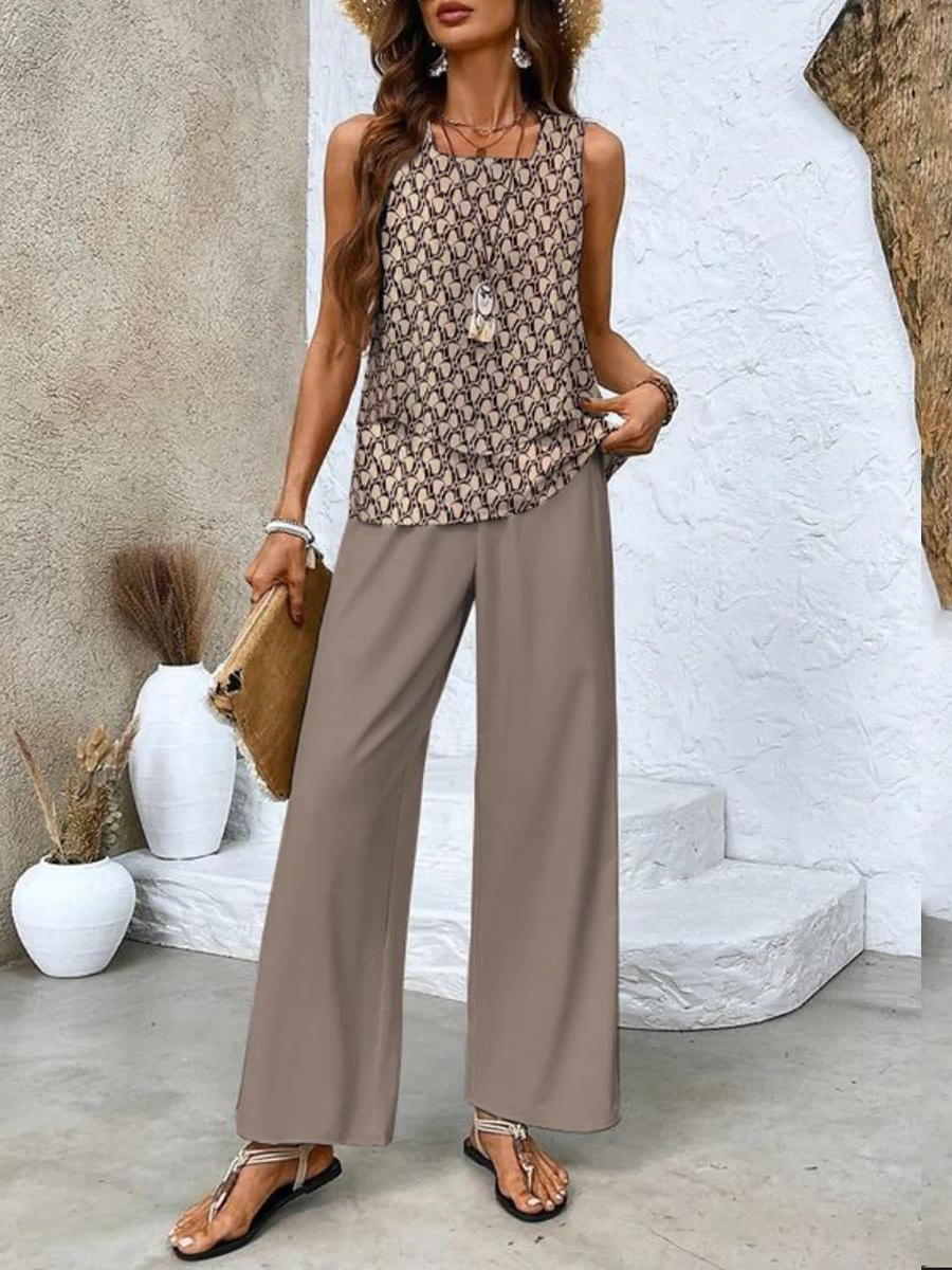 Marina Layered Vest Top and Printed Wide Leg Trouser Set - Brown