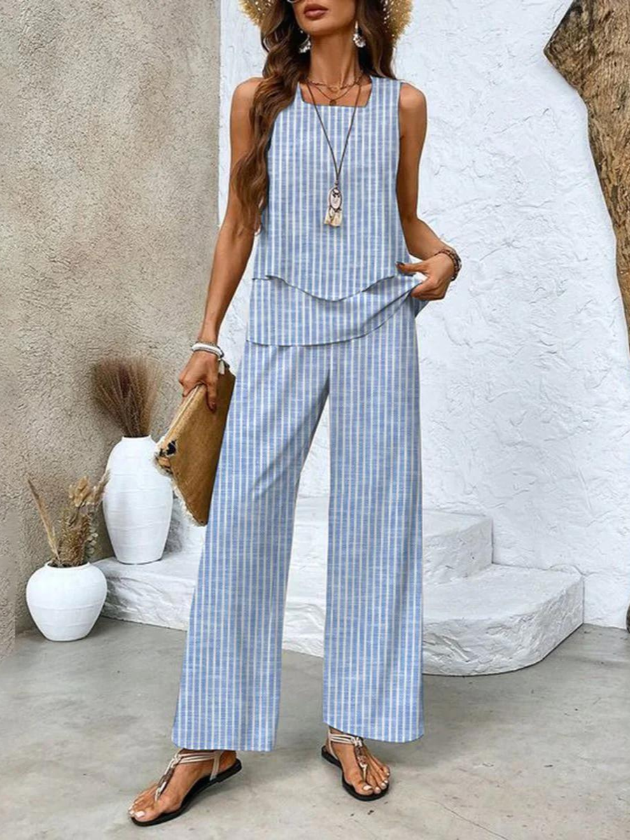 Marina Layered Vest Top and Printed Wide Leg Trouser Set - Red Striped
