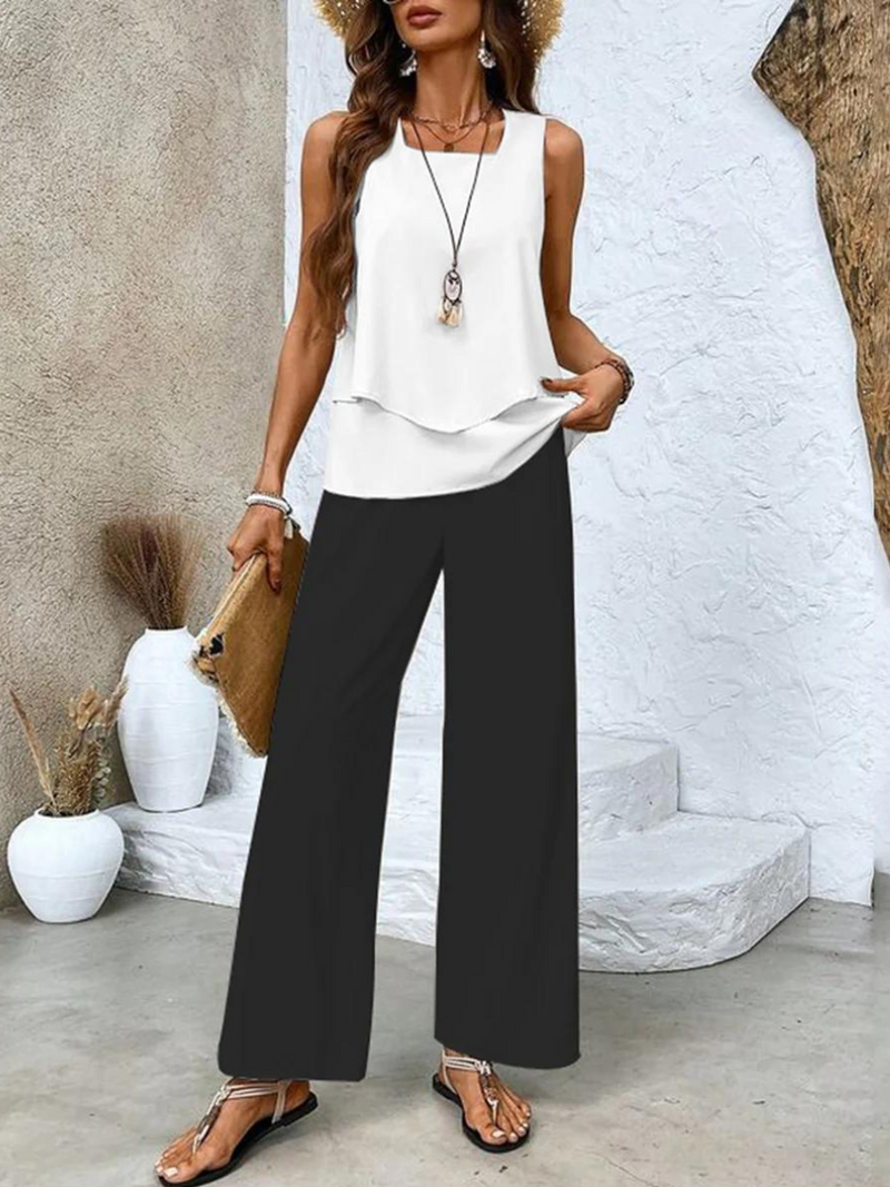 Marina Layered Vest Top and Printed Wide Leg Trouser Set