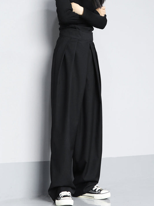 Micheline Deep Double Pleat High Waist Full Wide Leg Trousers - Black