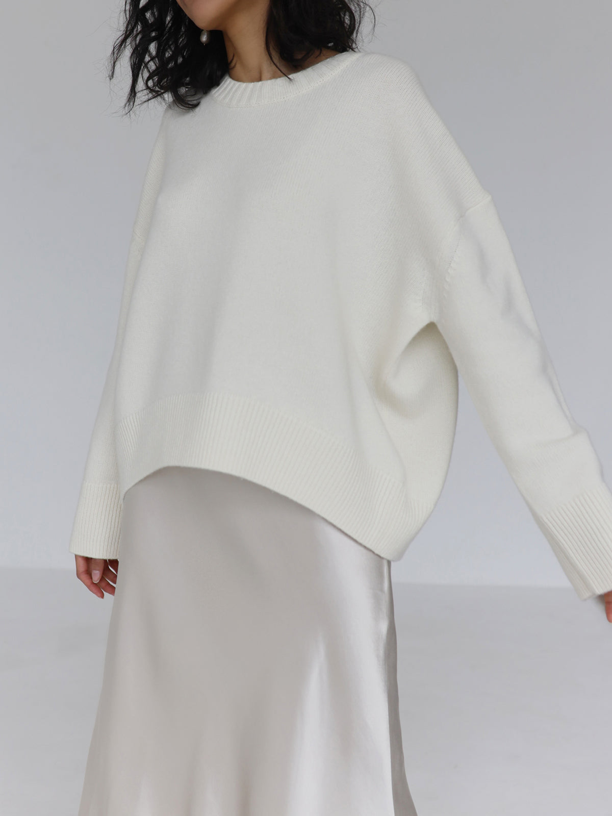 Octavia Oversized Wide Sleeve Drop Shoulder Crew Jumper - White