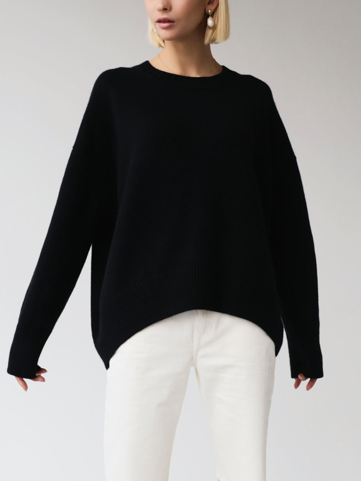 Octavia Oversized Wide Sleeve Drop Shoulder Crew Jumper - Black