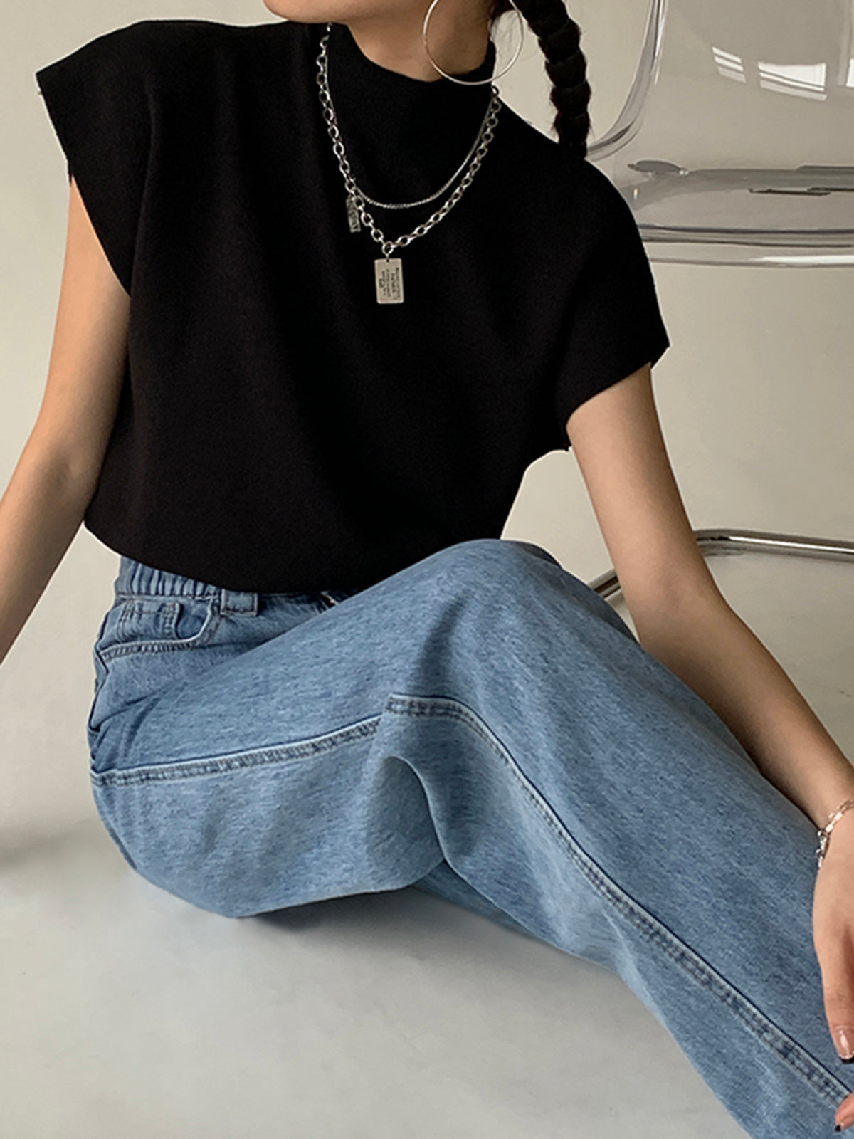 Oriana Extended Shoulder Sleeveless High Neck Knit Top - Black