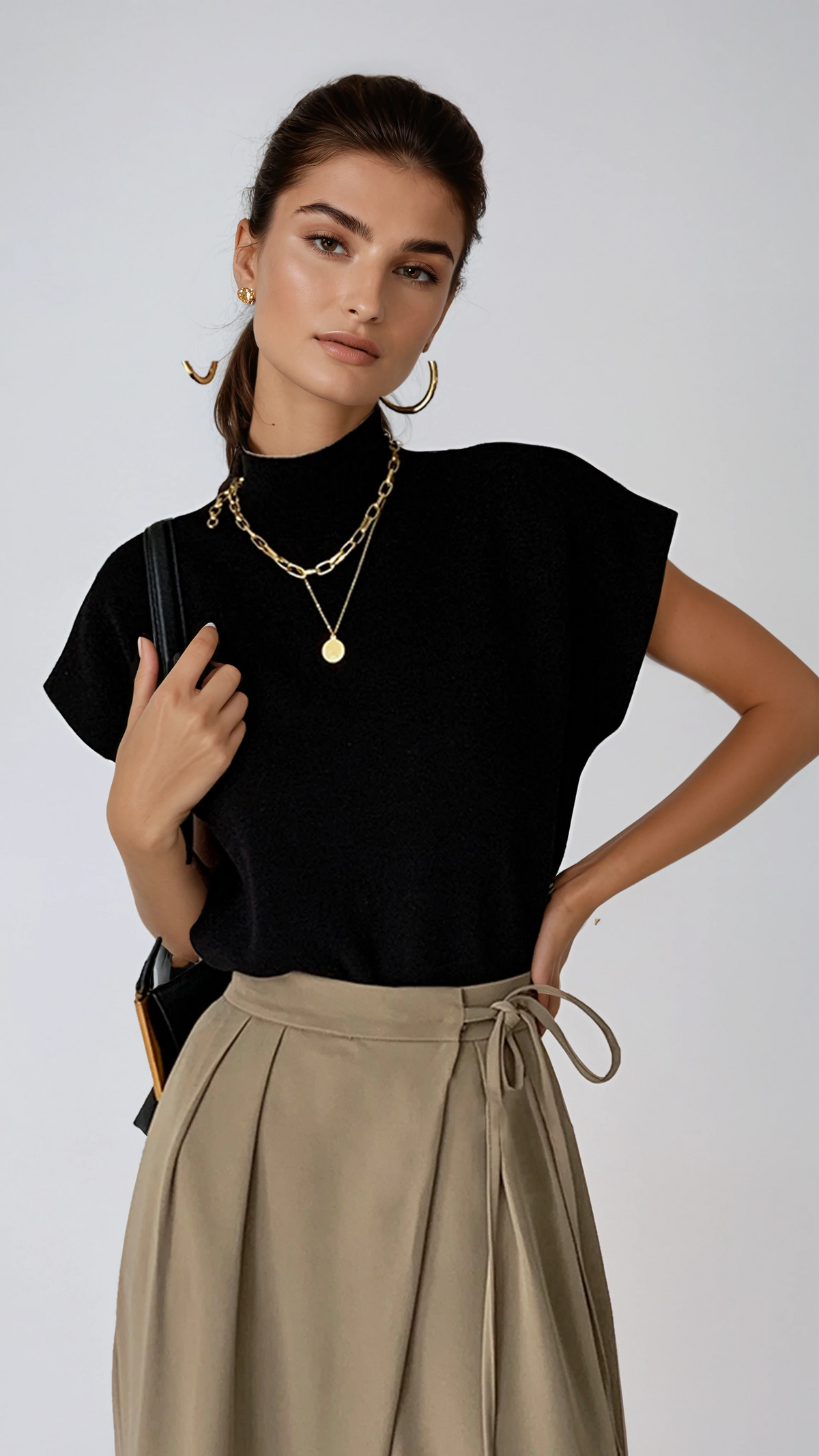 Oriana Extended Shoulder Sleeveless High Neck Knit Top